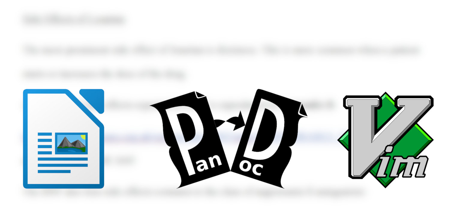 iamge with libreoffice writer, pandoc and vim logos in front of blurred text from libreoffice writer